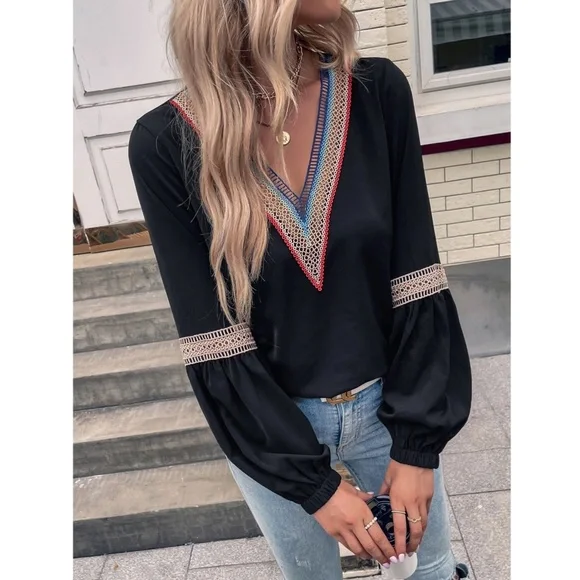 Eylet Embroidery Trim V-Neck Boho Shirt Black , Long  Lantern Sleeve - Picture 5 of 7